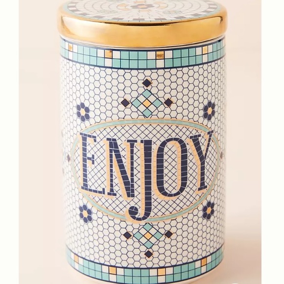 Anthropologie Bistro Tile Stoneware Enjoy Canister New In Box
